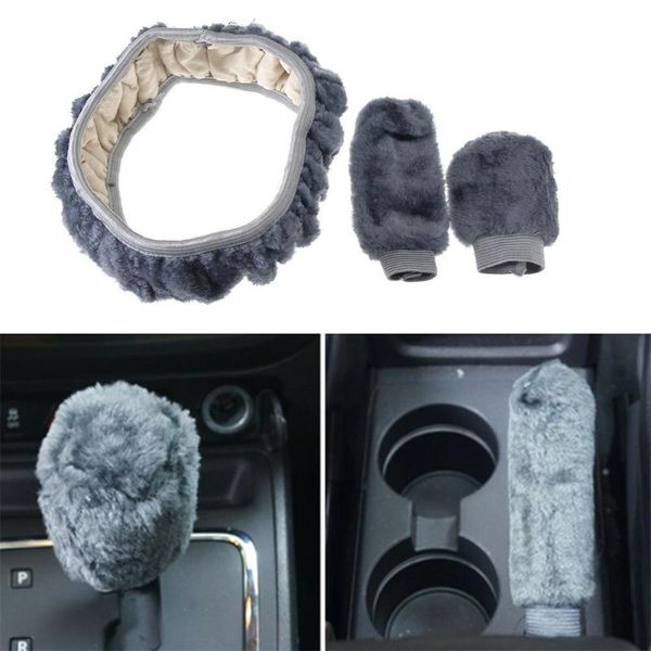 

steering wheel covers 3pcs soft warm plush wool cover winter fluffy car accessory grey sweat-absorbent and moisture-proof trendy