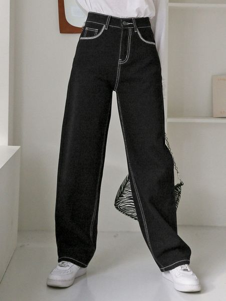 

dazy high waist stitching straight leg jeans 84qr#, Blue