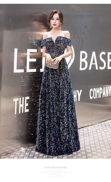 

elegant banquet evening dress female word shoulder noble stage performance host skirt sequin long starry ethnic clothing, Red