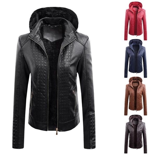 

women's leather & faux 2021 autumn winter womens moto biker hooded fleece warm zipper punk jacket ladies outerwear slim coat, Black