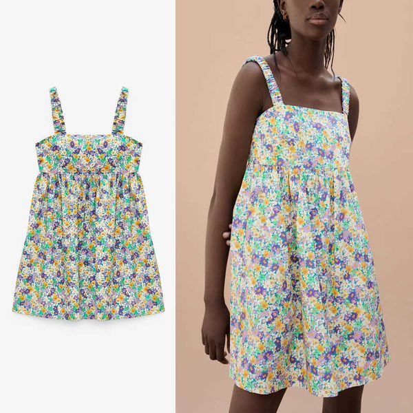

summer flowers print mini za dress women sleeveless wide straps vintage elastic beach dress fashion backless dresses 210602, Black;gray
