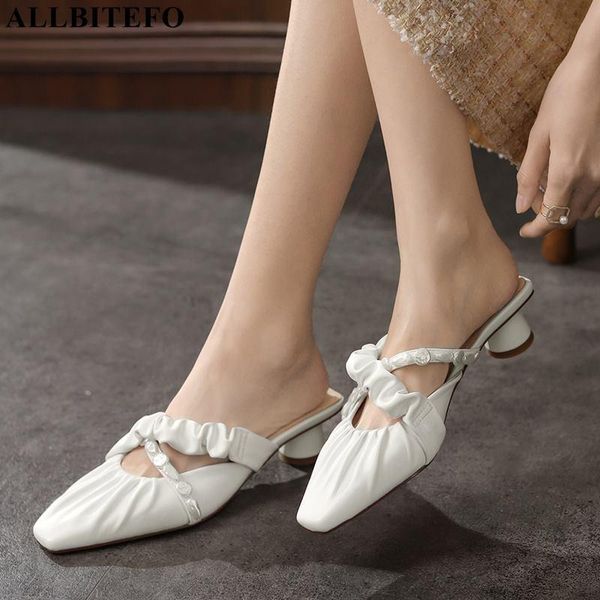 

allbitefo bead design fashion soft genuine leather women slippers expose the heel shoes summer flip flops high heel shoes, Black