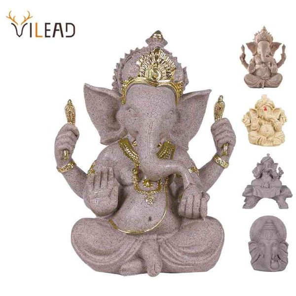 VILEAD Sandstein Indische Ganesha Elefantengott Statue Religiöse Hindu Elefantenkopf Fengshui Buddha Skulptur Home Decor Crafts 210329