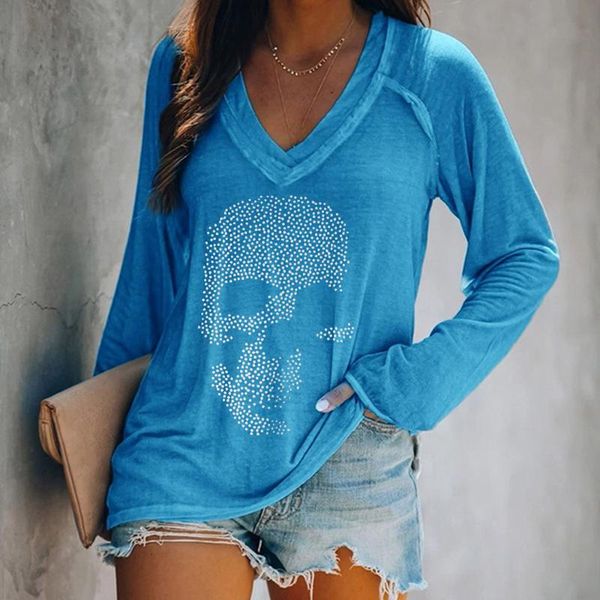 

women's t-shirt harajuku skull print women 2021 summer fashion tshirt tee long sleeve plus size v-neck anime female, White