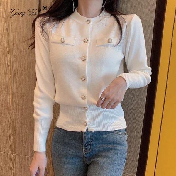 

women's knits & tees korean slim cardigan sweater casual spring knitted long sleeve short coat 2021 chic single breasted lady patchwork, White