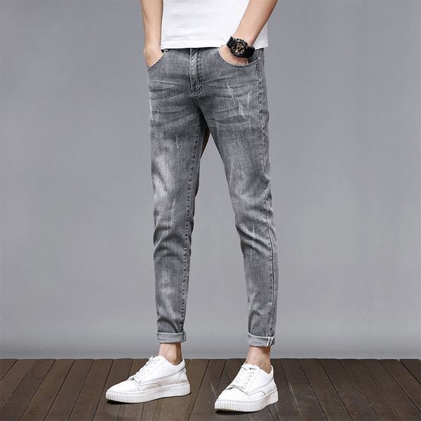 

ebaihui men's slim grey jeans korean popular little feet mid waist pants new style looks slimming nine cents matched trousers, Blue