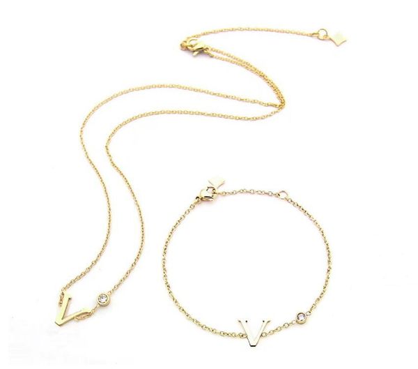 

europe america fashion jewelry sets lady womens gold/silver-color metal v initials with single diamond chain necklace bracelet q93655 q95595
