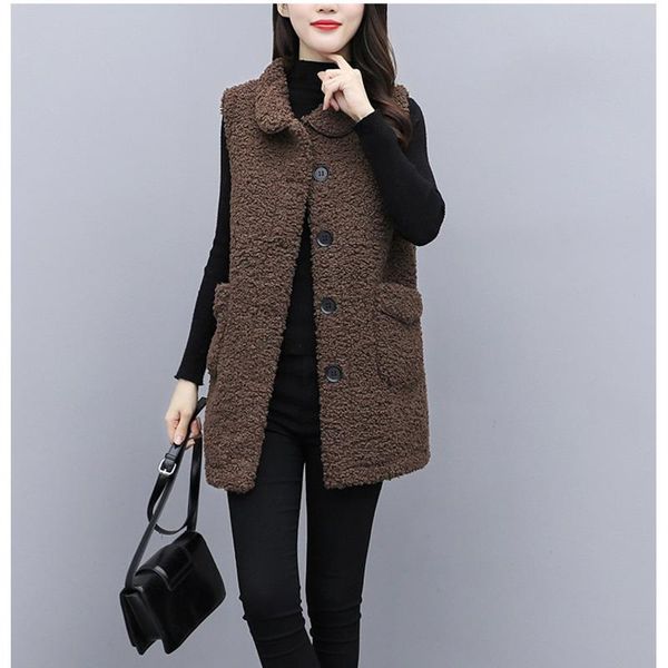 

women's fur & faux winter long vest jacket lamb hair waistcoat women outwear korean coat leather veste femme jaqueta casaco chaquetas, Black