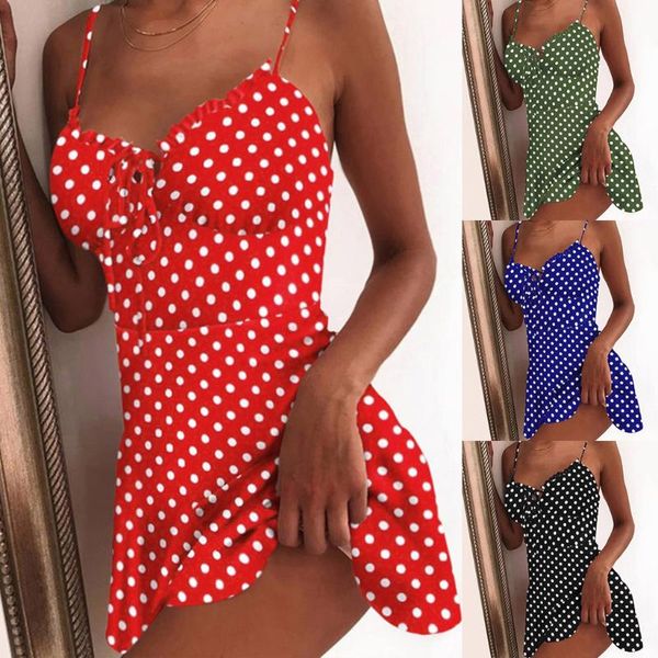 

casual dresses women's summer mini dress solid color polka dot printed sleeveless spaghetti strap a-line sundress beach party robe, Black;gray