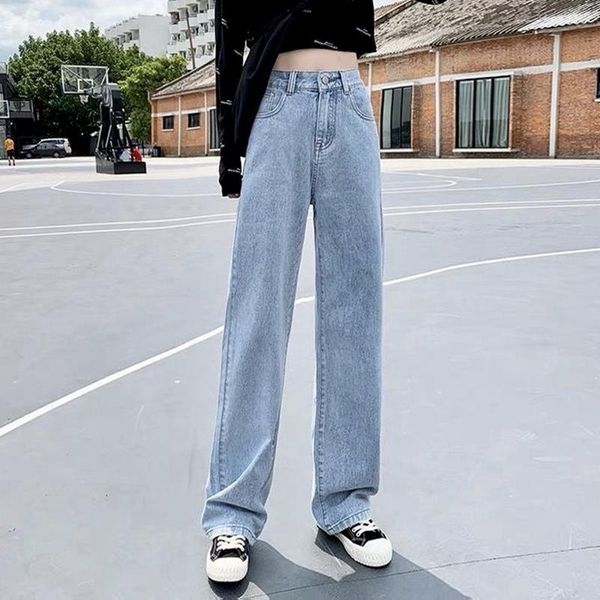 

women's jeans smoky gray high-waisted wide-leg 2021 y2k hyuna style draped loose oversized straight pants trousers, Blue