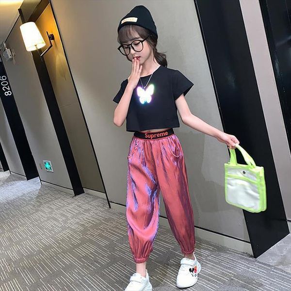 

summer girls clothing sets butterfly print t shirt ice silk pants suits children baby girl clothes 5 6 8 9, White