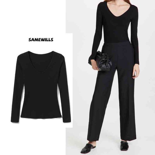 

women's t-shirt collarbone solid color slim fit bag body close waist v-neck long sleeve bottomed shirt t-shirt spring 2022 h68d, White
