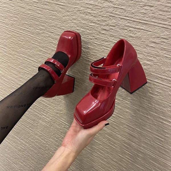 

dress shoes spring women's high heels 9cm retro mary janes with platform square toe shallow pumps thick 3 colors oulyyyogo, Black