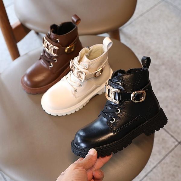 

boots children metal decoration buckle platform pu leather solid color 26-36 boys girls short boot fashion chic kids autumn shoe, Black;grey