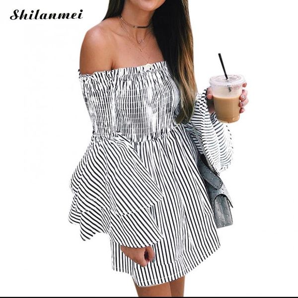 

casual dresses summer autumn party mini dress slash neck off shoulder ruched stripe women ruffles sleeve short pleated, Black;gray
