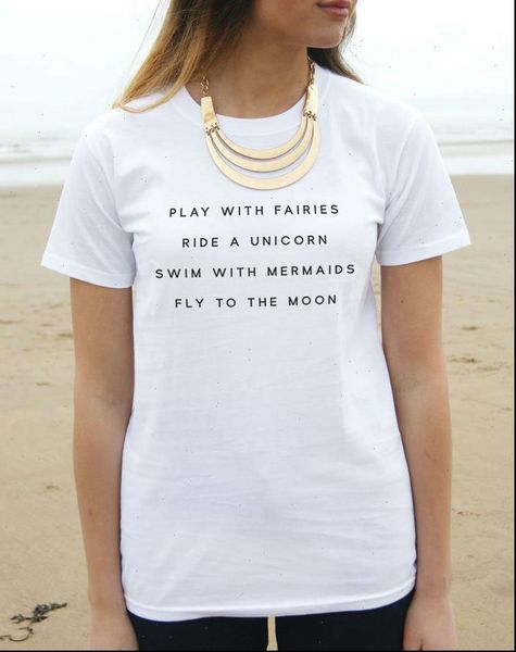 

play women t shirts with fairies ride a unicorn mermaids cotton casual funny shirt for lady black white gray z