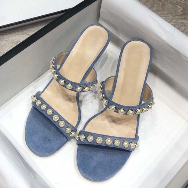 

designers women slipper sandales designer femmes high heels little fragrant pearl slippers sandals heel height 6cm shoes flap brand genuine, Black