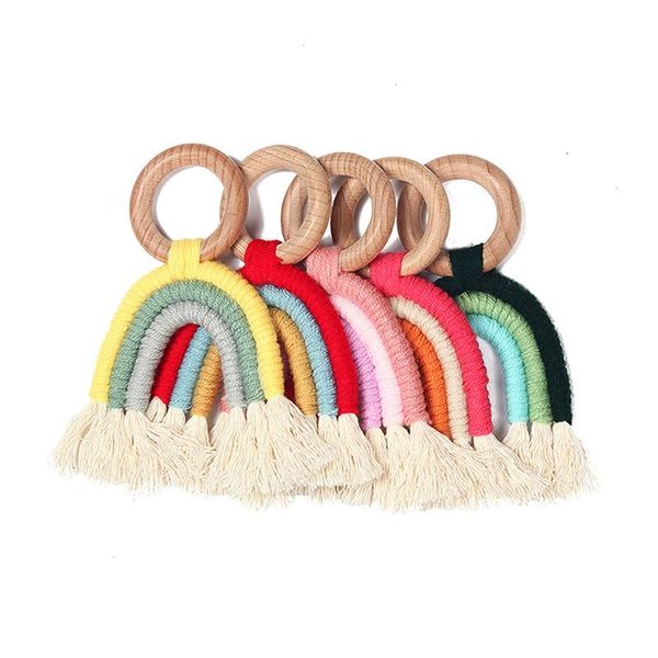 

stroller parts & accessories lioraitiin born baby rainbow teether crochet wood ring teething toy natural cotton