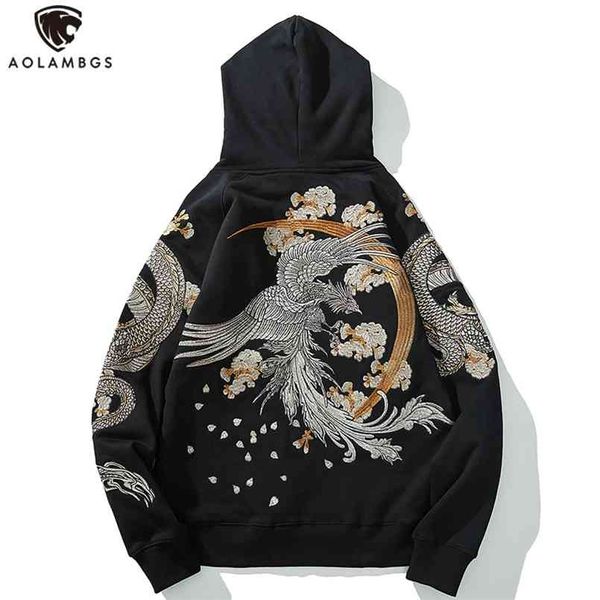 

aolamegs men's fleece hoodies japanese hooded sweatshirt dragon phoenix embroidery autumn retro casual pullover high street 210819, White