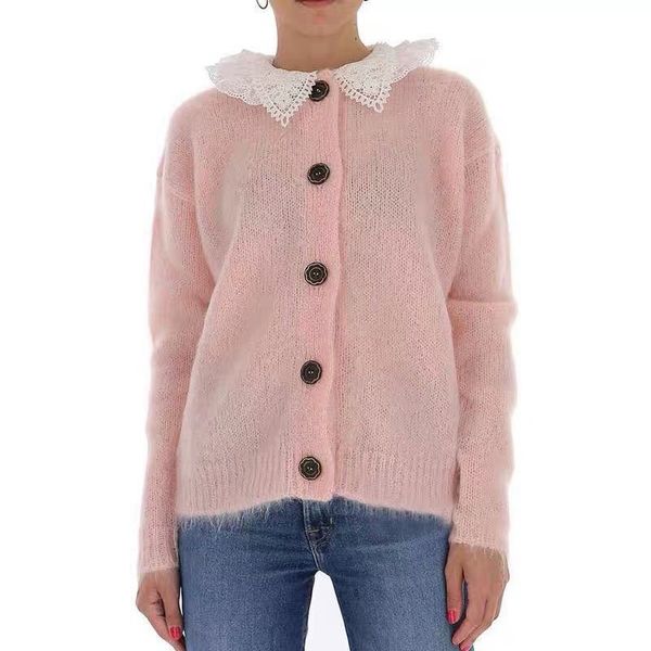

sweater 2021 autumn and winter sweet pink lace doll collar mohair cardigan 053o, White;black