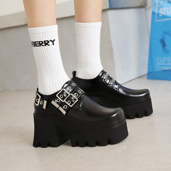 

dress shoes ladies high platform pumps fashion punk buckle gothic heel women 2021 party wedge, Black