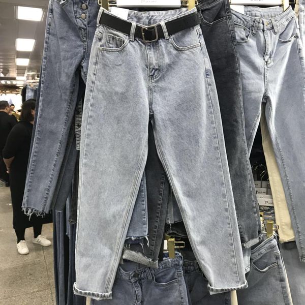 

spring and autumn hong womens jean kong flavored nine point loose fitting students high waist thin broad legs straigh pants, Blue