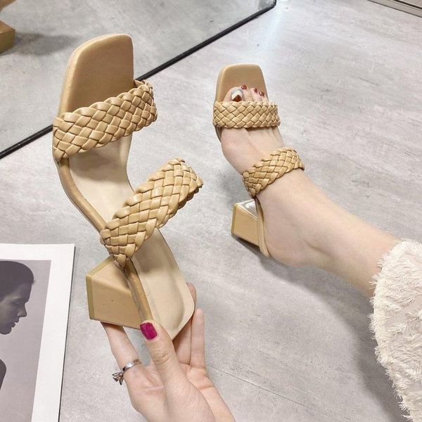 

summer runway style weave women slippers fashion thick high heels gladiator sandals outdoor beach slides ladies mules shoes, Black