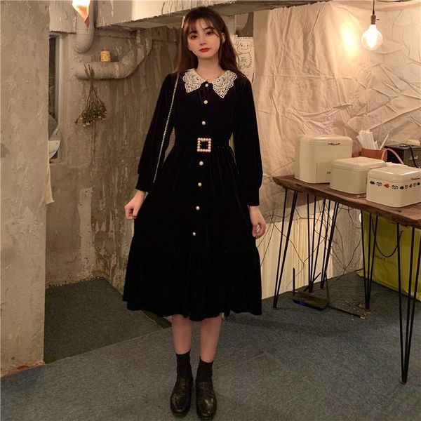 

casual dresses women's dress spring and winter bottoming black 2021 hepburn style long with waist belt, Black;gray