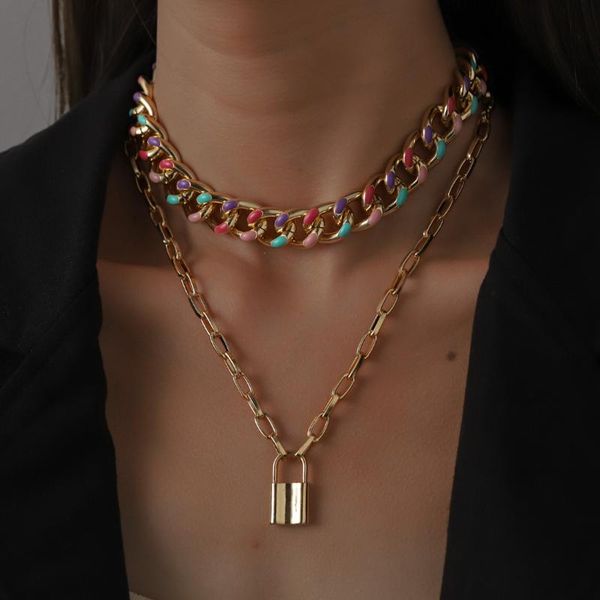 

chains punk rainbow metal thick chain double layer necklace for women cuban choke lock pendant collar statement hip hop, Silver