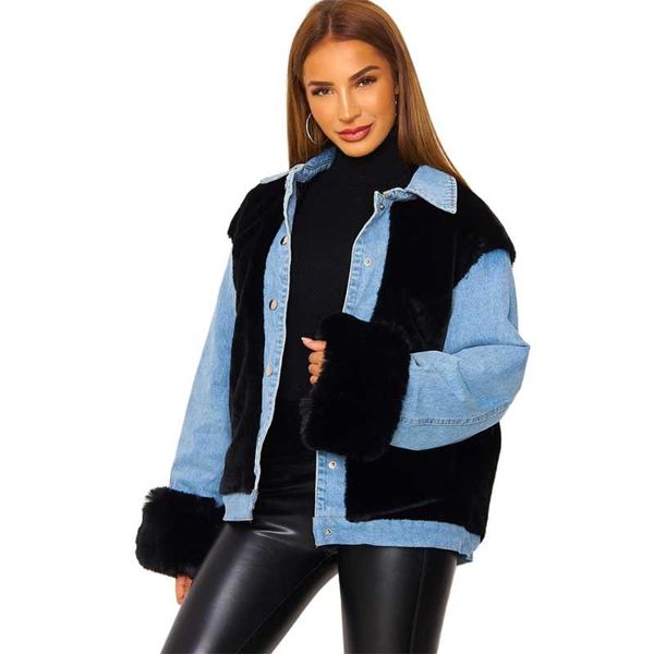 

women's jackets denim jacket loose casual fashion thick plush patchwork warm 2021 autumn and winter, Black;brown