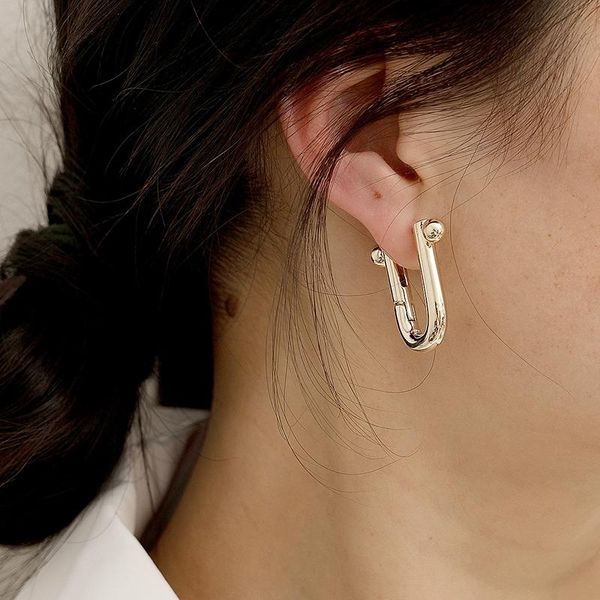 

hoop & huggie gsold trendy geometric u-shaped metal texture earring simple round beads small ear buckle temperament jewelry gift women girls, Golden;silver