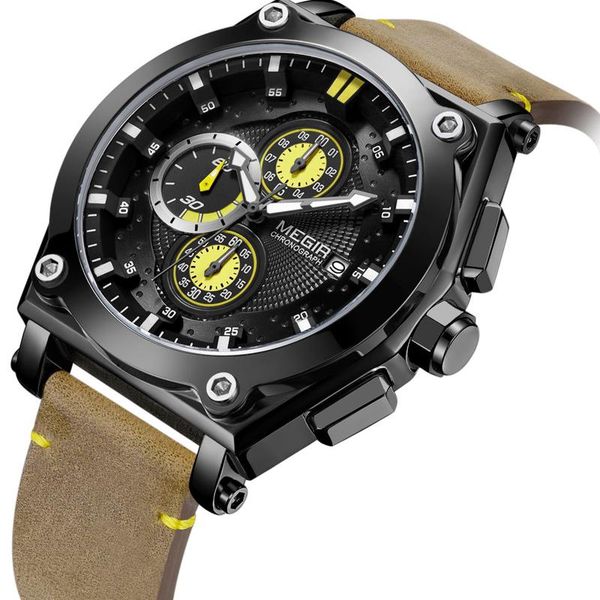 

wristwatches brand men's brown leather strap quartz watches chronograph sports wristwatch for man 3 atm waterproof army clock black, Slivery;brown