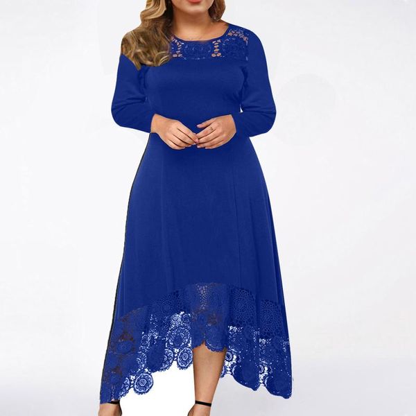 

casual dresses plus size women lace stitching long dress solid o neck sleeve embroidery irregular elegant formal 40#, Black;gray