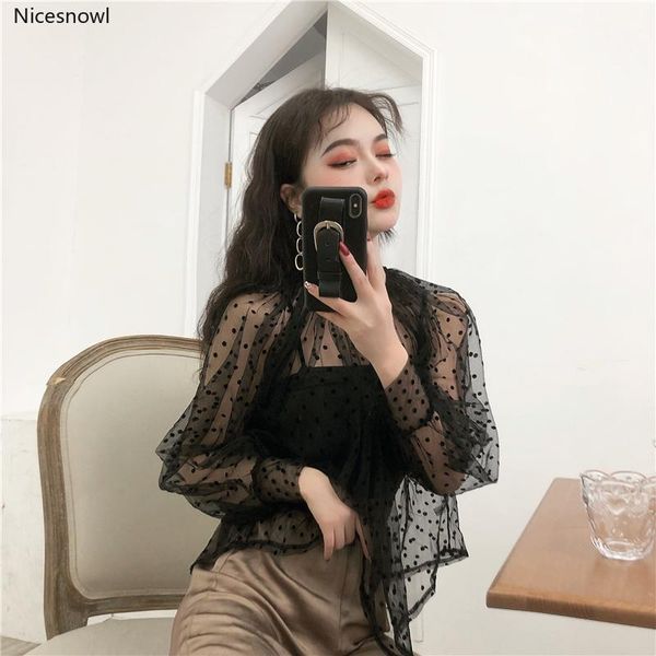 

women's blouses & shirts summer mesh lace long sleeve clothing perspective polka dot sweet style blusas y camisas mujer, White