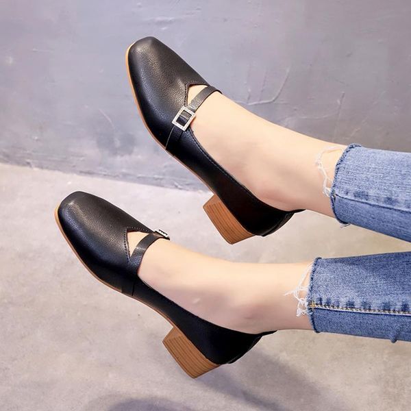 

dress shoes single 2021 korean students retro square head wild heel, Black