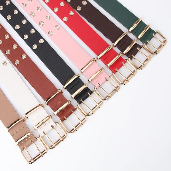 

belts women belt wide pu leather waist strap fashion double row pin holes metal buckle ladies dress jeans trousers waistband, Black;brown