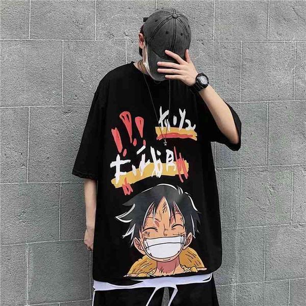 

pirate wang luffy printed short sve men's korean fashion t-shirt loose large casual harajuku style cloth, White;black