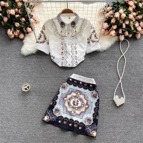 

two piece dress ladies temperament suit female summer short-sleeved shirt design sense niche print high waist skirt two-piece trend, White