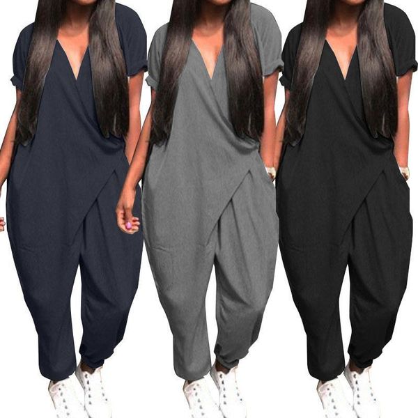 

plus size overalls zanzea womens rompers fashion casual harem pants v neck button playsuits female short sleeve romepers, Black;white