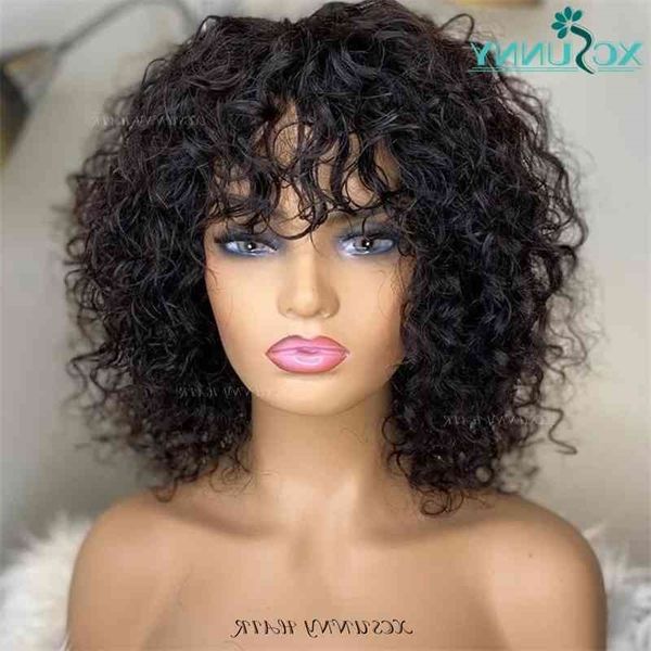 

bob human wigs curly with bangs remy hair "o" scalp full machine made wig 16inch 180 200 density for women xcsunny, Black