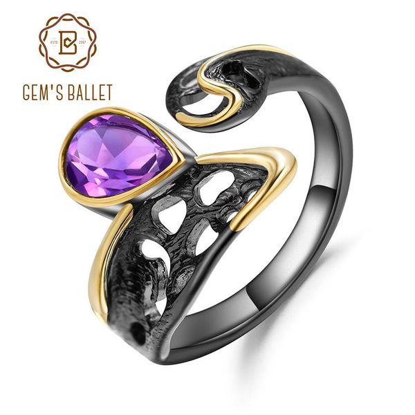 

cluster rings gem's ballet 925 sterling silver handmade vintage open adjustable 0.86ct natural amethyst gemstone for women fine jewelry, Golden;silver
