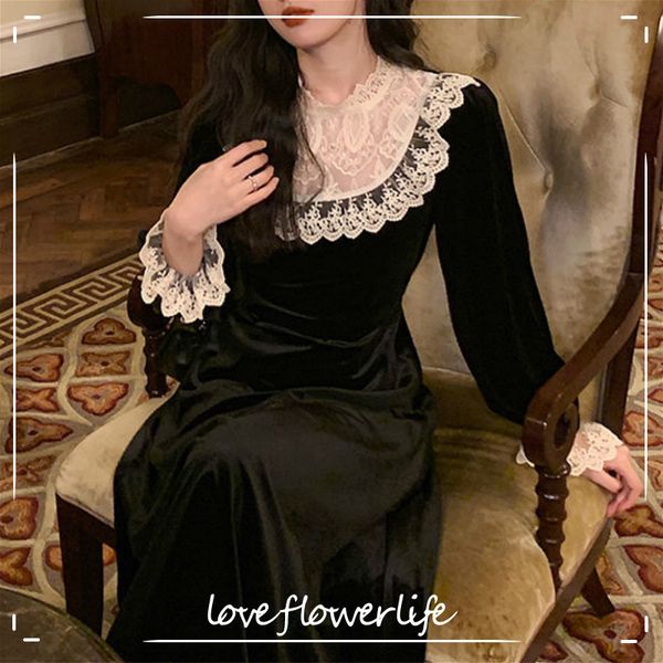 

french black vintage dress women spring evening party dress female casual retro elegant winter dress korean cute 210521, Black;gray