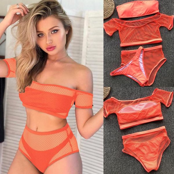 

women's swimwear mesh ladies split swimsuit four piece set orange, White;black