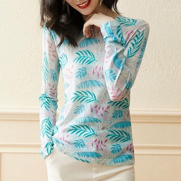 

women's blouses & shirts 2021 autumn long-sleeved knitted blouse women slim round collar printed shirt elegant pullover plus size w758, White