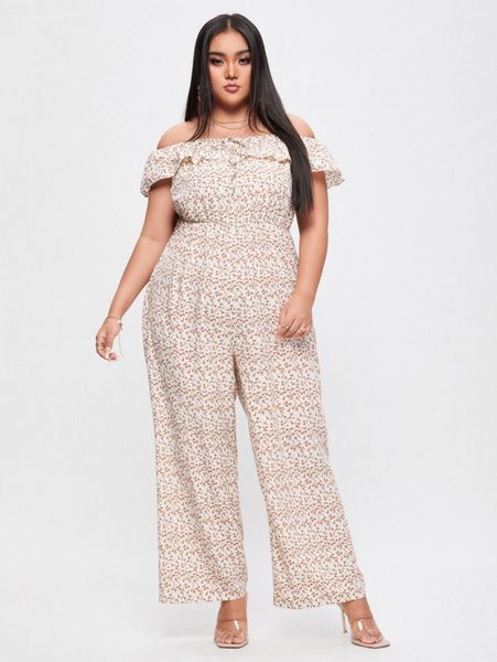 

plus ditsy floral off shoulder tie front ruffle trim jumpsuit q2bq#, Black
