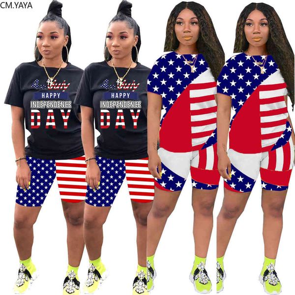 2020 Yaz Kadın Amerikan Bayrağı Mutlu Gün Baskı Iki Parça Setleri Eşofman Tee Tops Şort Taytlar Suit Fitness 2 Adet Kıyafet X0428