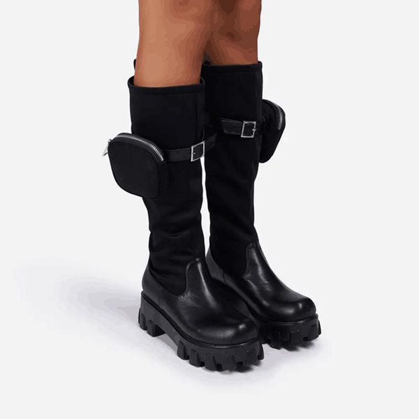 

boots fashion women thick platform mid calf boot with wallet bags pocket buckle chunky heel punk shoes 2021 plus, Black