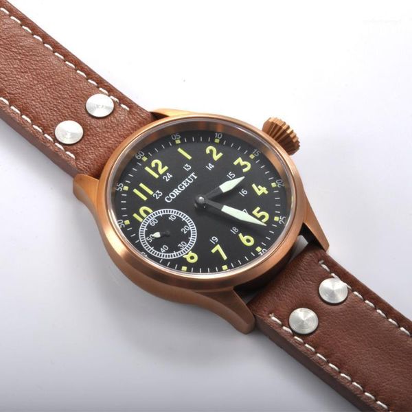 

wristwatches mens watch 43mm coffee pvd case green number luminous 6497 movement hand winding mechanical wristwatch men waterproof, Slivery;brown