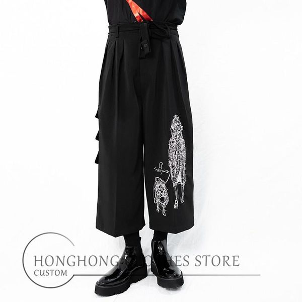 

men's pants s-6xl big yards trousers original design and homemade embroidered casual wide-leg skirt, Black