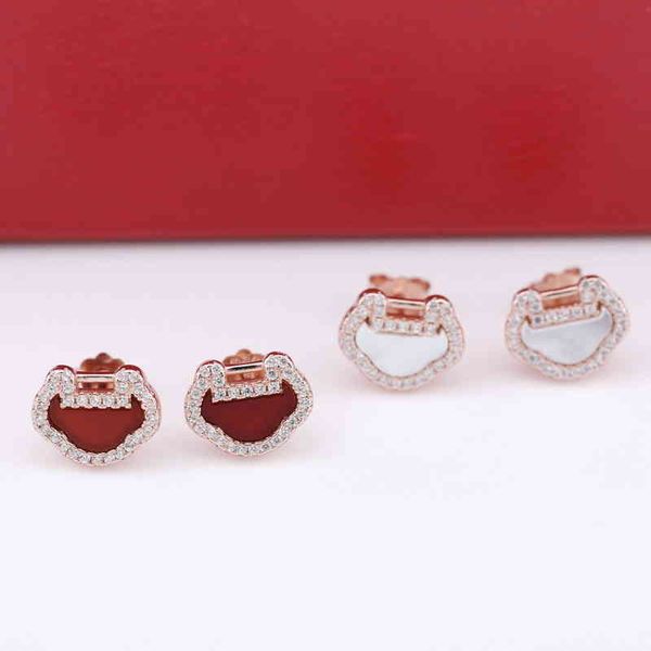 

the 925 sterling silver kirin red agate lock 18k white fritillaria ruyi chinese new year earrings, Golden